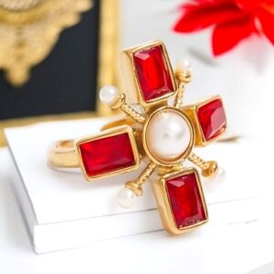 Gold Ruby Crystal Pearl Maltese Cross Vintage Style Ring